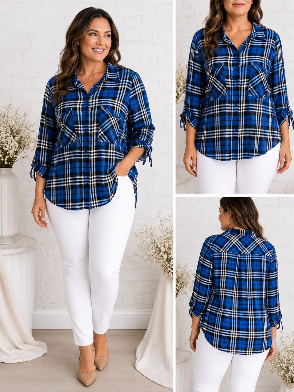 Lane Bryant Size 20 Blue Plaid Button-Front Roll Tab Shirt Plus Size